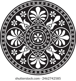 Vector black monochrome classic Greek round ornament. Circle of Ancient Greece and the Roman Empire. Byzantine painting of walls, floors and ceilings. Decoration of European palaces.
