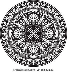 Vector black monochrome classic Greek round ornament. Circle of Ancient Greece and the Roman Empire. Byzantine painting of walls, floors and ceilings. Decoration of European palaces.
