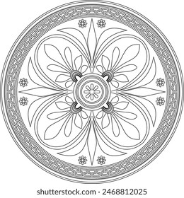 Vector black monochrome classic Greek round outline ornament. Circle of Ancient Greece and the Roman Empire. Byzantine painting of walls, floors and ceilings. Template for stained glass.
