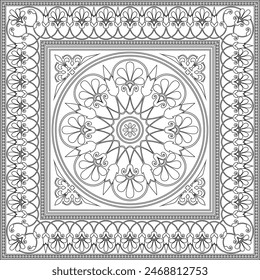 Vector black monochrome classic Greek square outline ornament. Rectangle of Ancient Greece and Roman Empire. Byzantine painting of walls, floors and ceilings.Template for stained glass.
