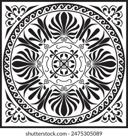 Vector black monochrome classic Greek square ornament. Rectangle of Ancient Greece and Roman Empire. Byzantine painting of walls, floors and ceilings. Decoration of European palaces.

