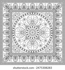 Vector black monochrome classic Greek square outline ornament. Rectangle of Ancient Greece and Roman Empire. Byzantine painting of walls, floors and ceilings. Template for stained glass.
