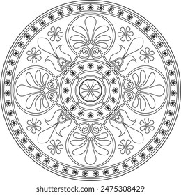 Vector black monochrome classic Greek round outline ornament. Circle of Ancient Greece and the Roman Empire. Byzantine painting of walls, floors and ceilings. Template for stained glass.
