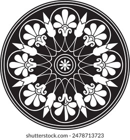 Vector black monochrome classic Greek round ornament. Circle of Ancient Greece and the Roman Empire. Byzantine painting of walls, floors and ceilings. Decoration of European palaces.
