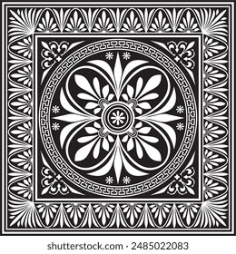 Vector black monochrome classic Greek square ornament. Rectangle of Ancient Greece and Roman Empire. Byzantine painting of walls, floors and ceilings. Decoration of European palaces.
