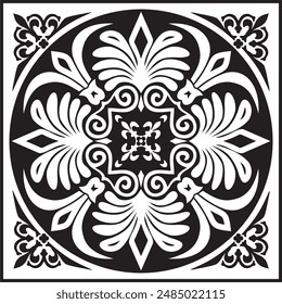 Vector black monochrome classic Greek square ornament. Rectangle of Ancient Greece and Roman Empire. Byzantine painting of walls, floors and ceilings. Decoration of European palaces.
