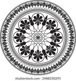 Vector black monochrome classic Greek round ornament. Circle of Ancient Greece and the Roman Empire. Byzantine painting of walls, floors and ceilings. Decoration of European palaces.
