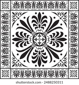 Vector black monochrome classic Greek square ornament. Rectangle of Ancient Greece and Roman Empire. Byzantine painting of walls, floors and ceilings. Decoration of European palaces.
