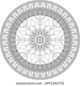 Vector black monochrome classic Greek round outline ornament. Circle of Ancient Greece and the Roman Empire. Byzantine painting of walls, floors and ceilings. Template for stained glass.
