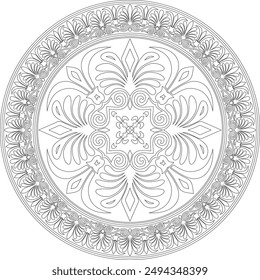 Vector black monochrome classic Greek round outline ornament. Circle of Ancient Greece and the Roman Empire. Byzantine painting of walls, floors and ceilings. Template for stained glass.
