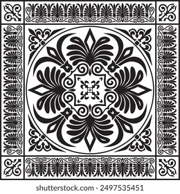 Vector black monochrome classic Greek square ornament. Rectangle of Ancient Greece and Roman Empire. Byzantine painting of walls, floors and ceilings. Decoration of European palaces.
