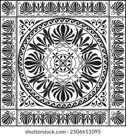 Vector black monochrome classic Greek square ornament. Rectangle of Ancient Greece and Roman Empire. Byzantine painting of walls, floors and ceilings. Decoration of European palaces.
