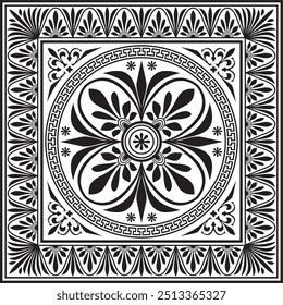 Vector black monochrome classic Greek square ornament. Rectangle of Ancient Greece and Roman Empire. Byzantine painting of walls, floors and ceilings. Decoration of European palaces.
