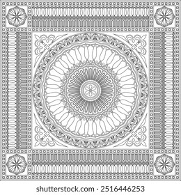 Vector negro monocromo clásico griego cuadrado contorno ornamento. Rectángulo de la Antigua Grecia y el Imperio Romano. Pintura bizantina de paredes, pisos y techos. Plantilla para vidrieras.
