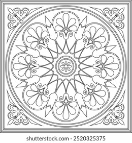 Vector black monochrome classic Greek square outline ornament. Rectangle of Ancient Greece and Roman Empire. Byzantine painting of walls, floors and ceilings. Template for stained glass.
