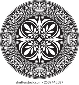 Vector black monochrome classic Greek round ornament. Circle of Ancient Greece and the Roman Empire. Byzantine painting of walls, floors and ceilings. Decoration of European palaces.
