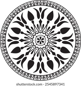 Vector black monochrome classic Greek round ornament. Circle of Ancient Greece and the Roman Empire. Byzantine painting of walls, floors and ceilings. Decoration of European palaces.
