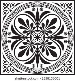 Vector black monochrome classic Greek square ornament. Rectangle of Ancient Greece and Roman Empire. Byzantine painting of walls, floors and ceilings. Decoration of European palaces.
