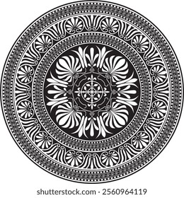 Vector black monochrome classic Greek round ornament. Circle of Ancient Greece and the Roman Empire. Byzantine painting of walls, floors and ceilings. Decoration of European palaces.
