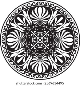 Vector black monochrome classic Greek round ornament. Circle of Ancient Greece and the Roman Empire. Byzantine painting of walls, floors and ceilings. Decoration of European palaces.
