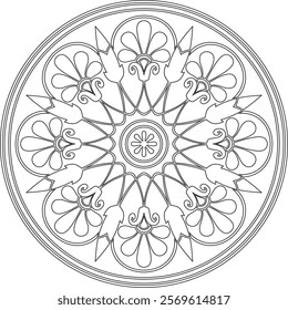 Vector black monochrome classic Greek round outline ornament. Circle of Ancient Greece and the Roman Empire. Byzantine painting of walls, floors and ceilings. Template for stained glass.
