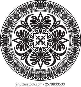 Vector black monochrome classic Greek round ornament. Circle of Ancient Greece and the Roman Empire. Byzantine painting of walls, floors and ceilings. Decoration of European palaces.
