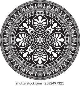 Vector black monochrome classic Greek round ornament. Circle of Ancient Greece and the Roman Empire. Byzantine painting of walls, floors and ceilings. Decoration of European palaces.
