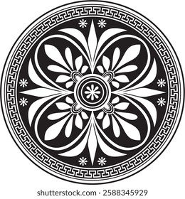 Vector black monochrome classic Greek round ornament. Circle of Ancient Greece and the Roman Empire. Byzantine painting of walls, floors and ceilings. Decoration of European palaces.
