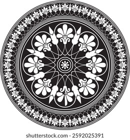 Vector black monochrome classic Greek round ornament. Circle of Ancient Greece and the Roman Empire. Byzantine painting of walls, floors and ceilings. Decoration of European palaces.
