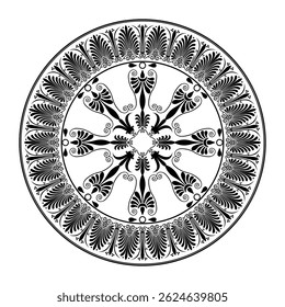 Vetor preto monocromático clássico grego redondo ornamento placa. Placa circular da Grécia Antiga, Império Romano. Pintura bizantina de paredes, pisos e tetos. Para decoração de palácios europeus, cerâmica