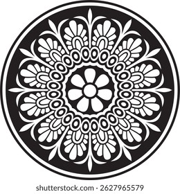 Vetor preto monocromático clássico grego ornamento redondo. Círculo da Grécia Antiga e do Império Romano. Pintura bizantina de paredes, pisos e tetos. Decoração de palácios europeus.
