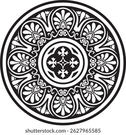 Vetor preto monocromático clássico grego ornamento redondo. Círculo da Grécia Antiga e do Império Romano. Pintura bizantina de paredes, pisos e tetos. Decoração de palácios europeus.
