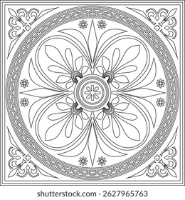 Vetor preto monocromático clássico grego quadrado contorno ornamento. Retângulo da Grécia Antiga e Império Romano. Pintura bizantina de paredes, pisos e tetos. Decoração de palácios europeus. 
