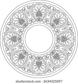 Vetor preto monocromático clássico grego contorno ornamento redondo. Círculo da Grécia Antiga e do Império Romano. Pintura bizantina de paredes, pisos e tetos. Decoração de palácios europeus.
