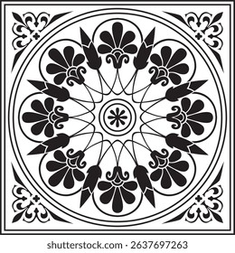 Vector black monochrome classic Greek square ornament. Rectangle of Ancient Greece and Roman Empire. Byzantine painting of walls, floors and ceilings. Decoration of European palaces.
