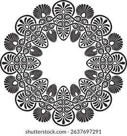 Vector black monochrome classic Greek round ornament. Circle of Ancient Greece and the Roman Empire. Byzantine painting of walls, floors and ceilings. Decoration of European palaces.
