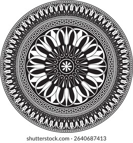 Vector black monochrome classic Greek round ornament. Circle of Ancient Greece and the Roman Empire. Byzantine painting of walls, floors and ceilings. Decoration of European palaces.
