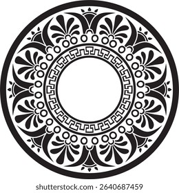 Vector black monochrome classic Greek round ornament. Circle of Ancient Greece and the Roman Empire. Byzantine painting of walls, floors and ceilings. Decoration of European palaces.
