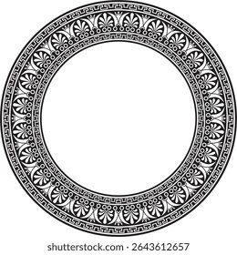 Vetor preto monocromático clássico grego ornamento redondo. Círculo da Grécia Antiga e do Império Romano. Pintura bizantina de paredes, pisos e tetos. Decoração de palácios europeus.
