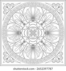 Vector black monochrome classic Greek square outline ornament. Rectangle of Ancient Greece and Roman Empire. Byzantine painting of walls, floors and ceilings. Decoration of European palaces
