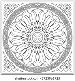 Vector negro monocromo clásico griego cuadrado contorno ornamento. Rectángulo de la Antigua Grecia y el Imperio Romano. Pintura bizantina de paredes, pisos y techos. Decoración de palacios europeos. Plantilla para vidrieras.
