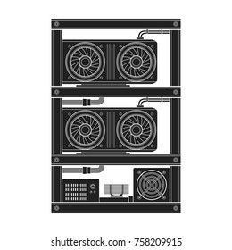 vector black monochrome GPU miner rig farm crypto currency graphics processing unit device solid illustration isolated on white background 