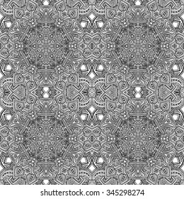 vector black monochrome hand drawn zentangle seamless aztec pattern outline illustration on white background  