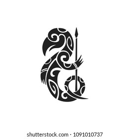 vector black monochrome ink hand drawn native polynesian folk art symbol mythological creature Taniwha illustration isolated white background  

