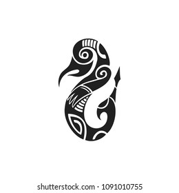 vector black monochrome ink hand drawn native polynesian folk art symbol mythological creature Taniwha illustration isolated white background  
