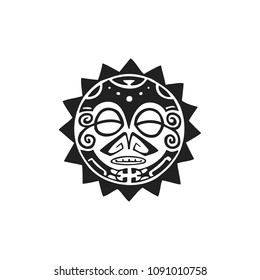 vector black monochrome ink hand drawn native polynesian folk art sun symbol mythological circle Tiki face illustration isolated white background  
