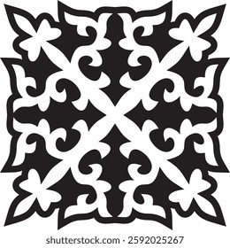 Vector black monochrome Kazakh national ornament. Ethnic pattern of the peoples of the Great Steppe,