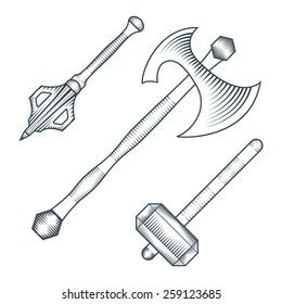 vector black monochrome medieval axe warhammer mace engraving style illustration cold steel arms set white background 