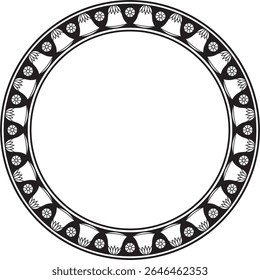 Vector black monochrome round Egyptian ornament. Circle, frame, ring of ancient Egypt.Pattern of lotus flowers and sun. Template for stained glass
