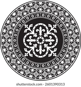 Vector black monochrome round gothic ornament. Medieval European silhouette, circle, ring, border. Classic pattern of the Germans, Angles, Saxons, Franks.
